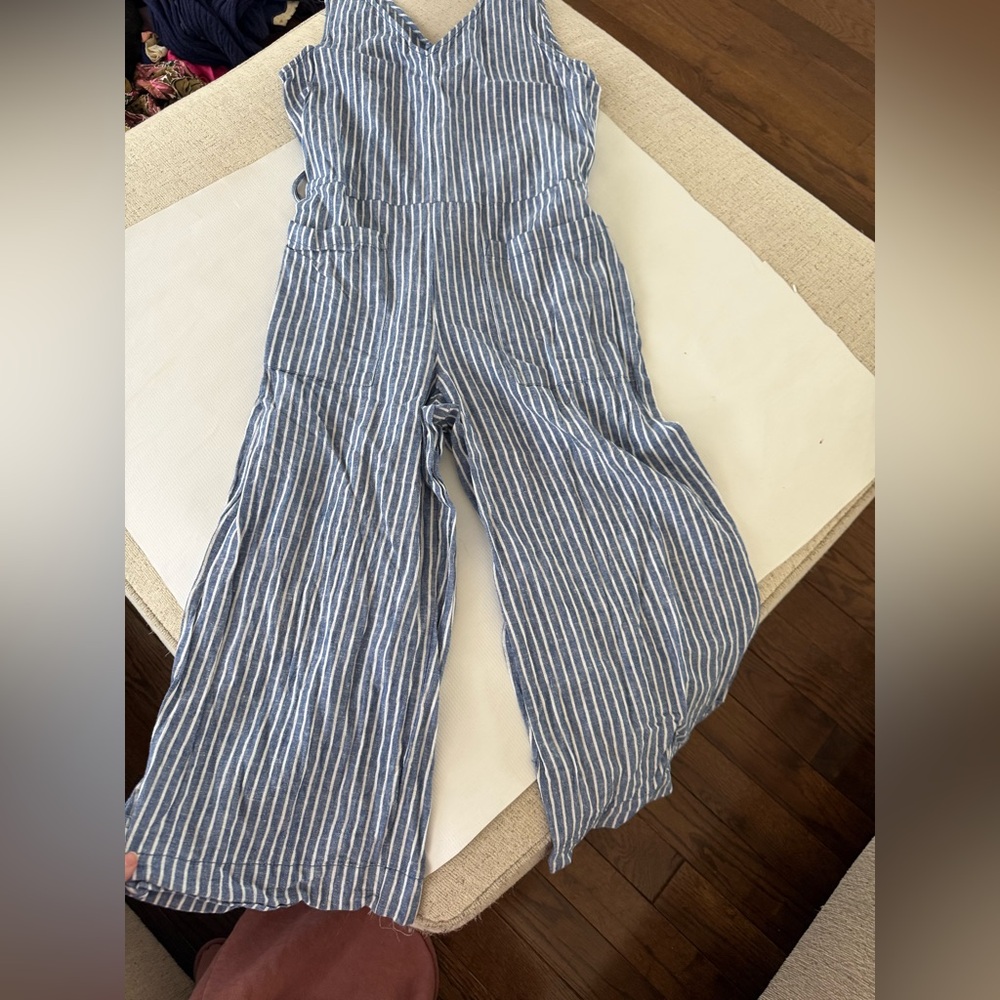 beachlunchlounge Cropped Blue and White Striped Wide-Leg Jumpsuit
